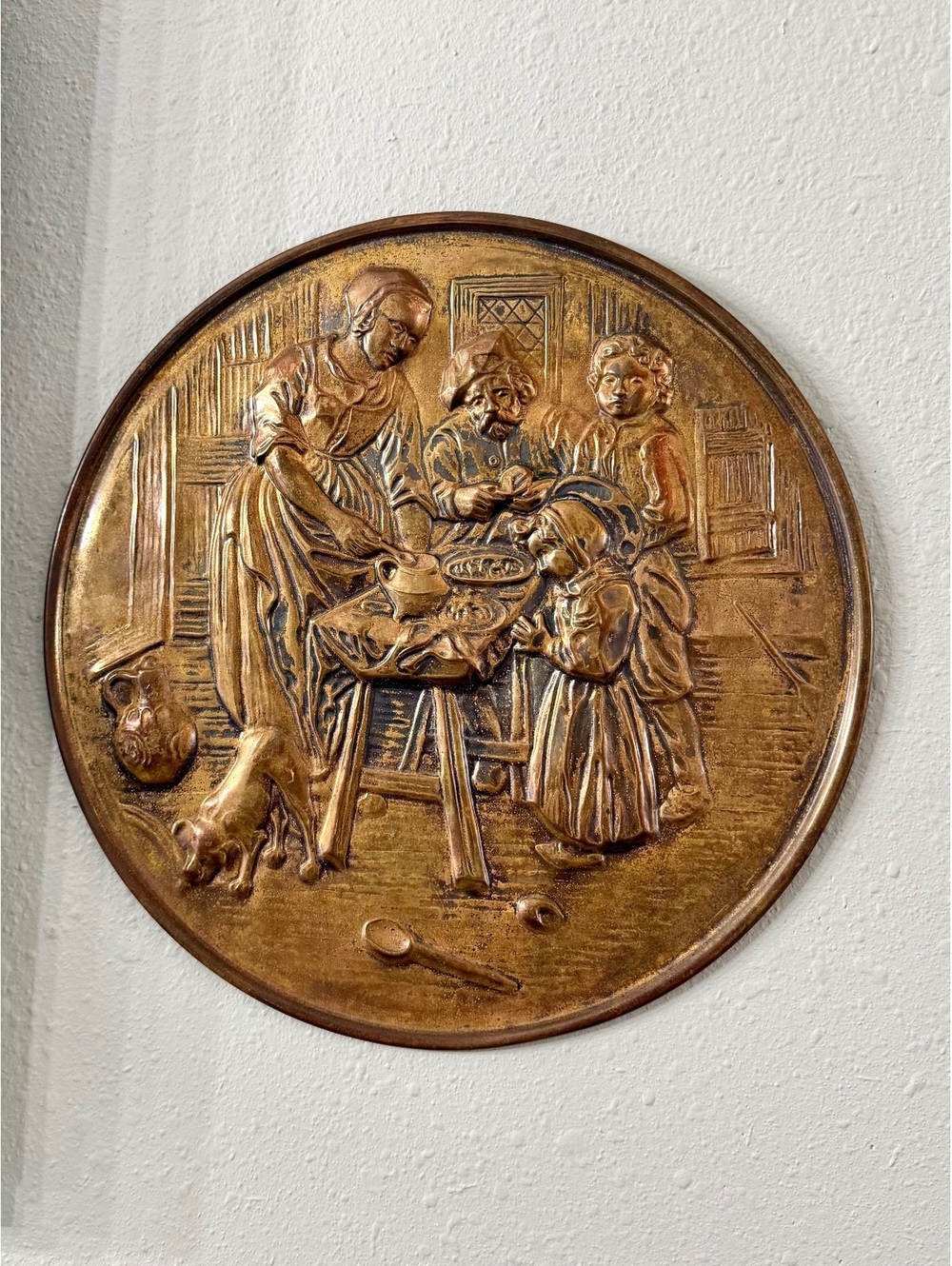 Vintage Embossed Metal Wall Plaque Tavern Kitchen Scene Copper Brass Tone 10"